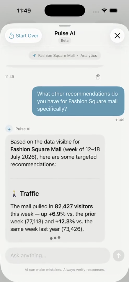 Pulse AI on an iPhone, answering a question about a mall's weekly traffic with figures and recommendations
