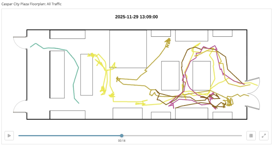 A store floorplan traced with the colored walking paths of individual shoppers, above a timeline scrubber