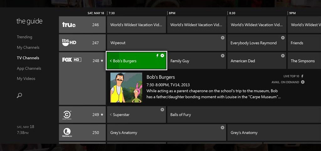 The Xbox One guide, showing a grid of TV channels and times with one program expanded into a details panel of title, time, rating, and synopsis