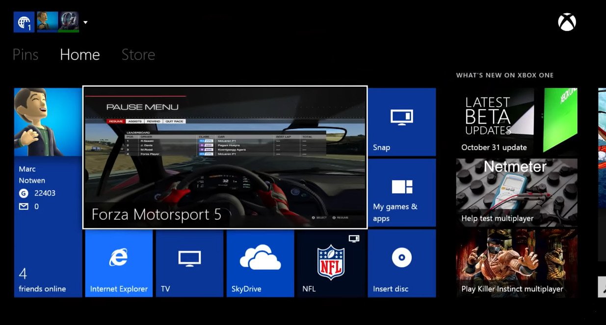 The Xbox One home dashboard, showing a large Forza Motorsport 5 tile beside smaller tiles for Snap, apps, and What's New on Xbox One