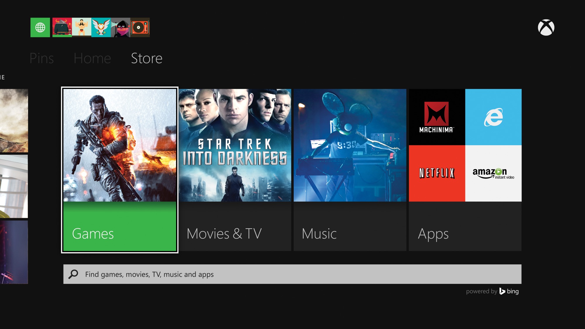 The Xbox One store home screen, with tiles for Games, Movies and TV, Music, and Apps above a search box reading “Find games, movies, TV, music and apps,” marked powered by Bing